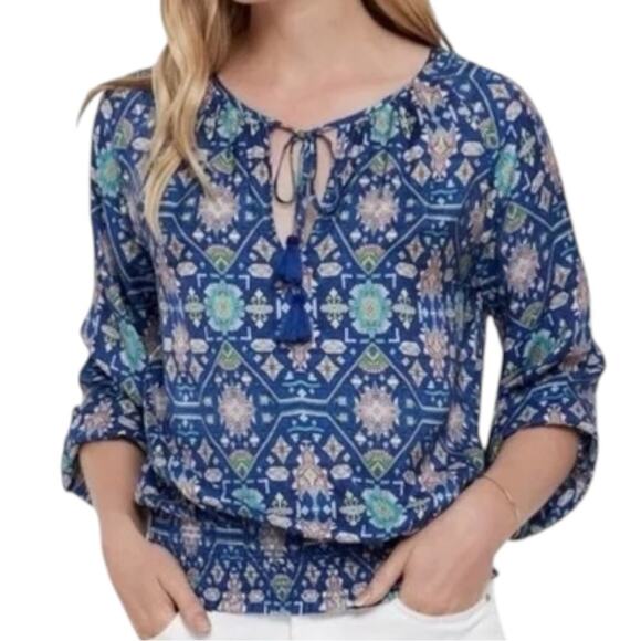 Ecru NWT Women’s S Cobalt Blue Weaver Kilim Silk Aztec Print Tassel Front Top - Picture 1 of 9
